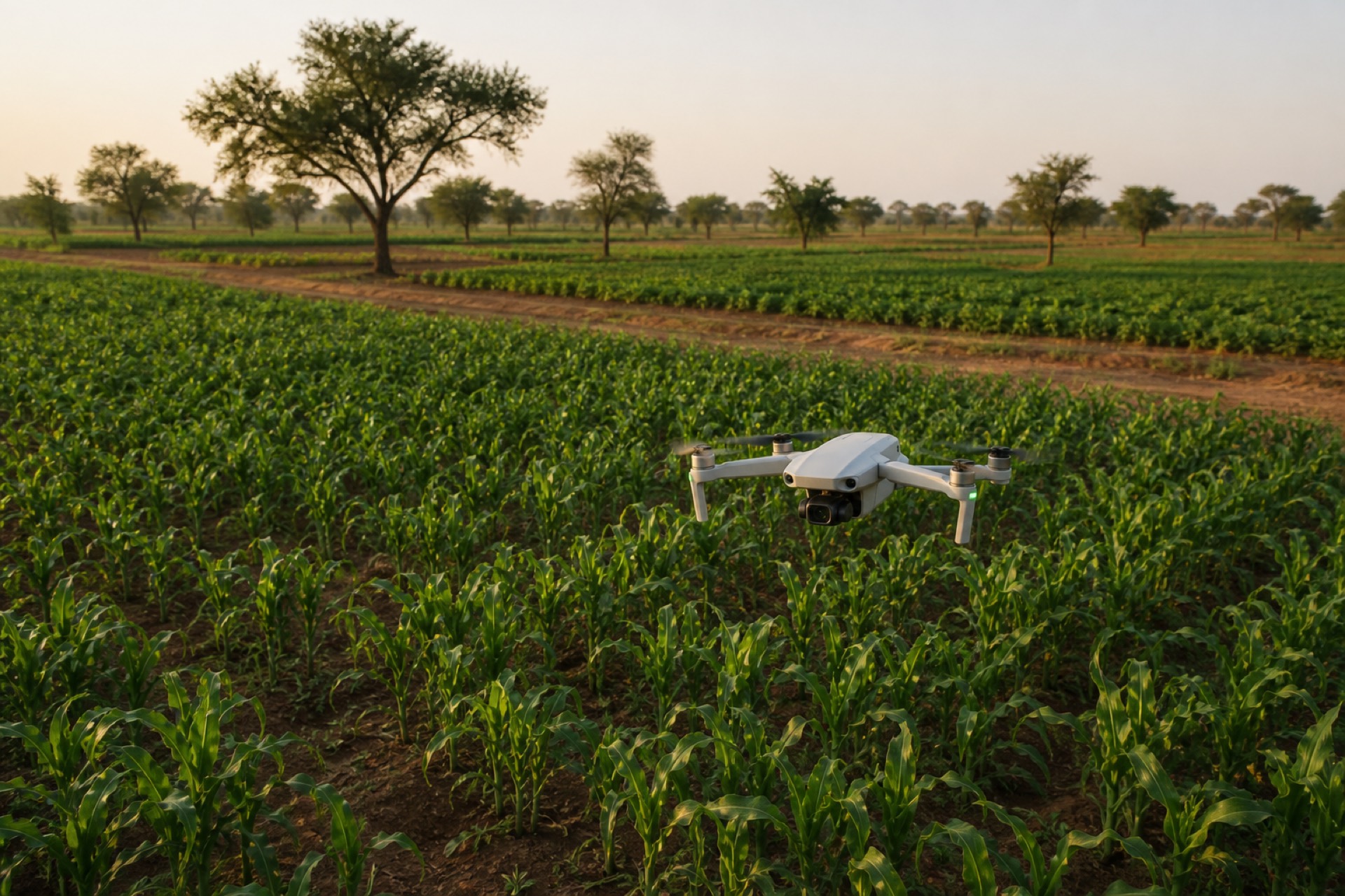 A drone flying low over green crop rows